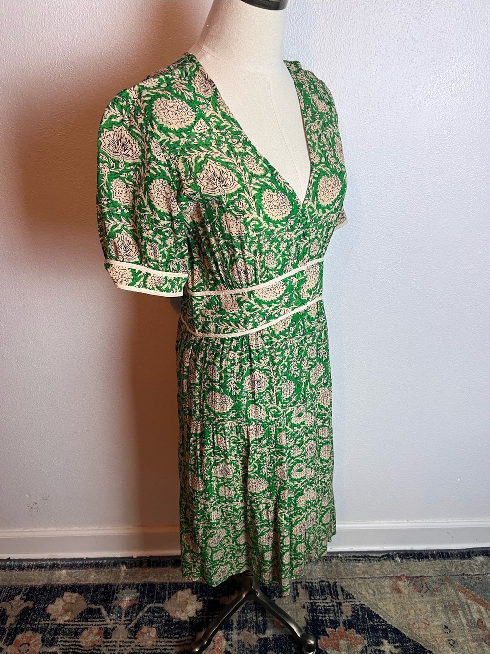ba&sh Green Floral V-Neck Midi Dress with Ivory Print - Picture 2 of 8